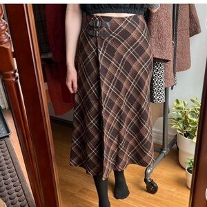 Vintage wool brown plaid plated skirt